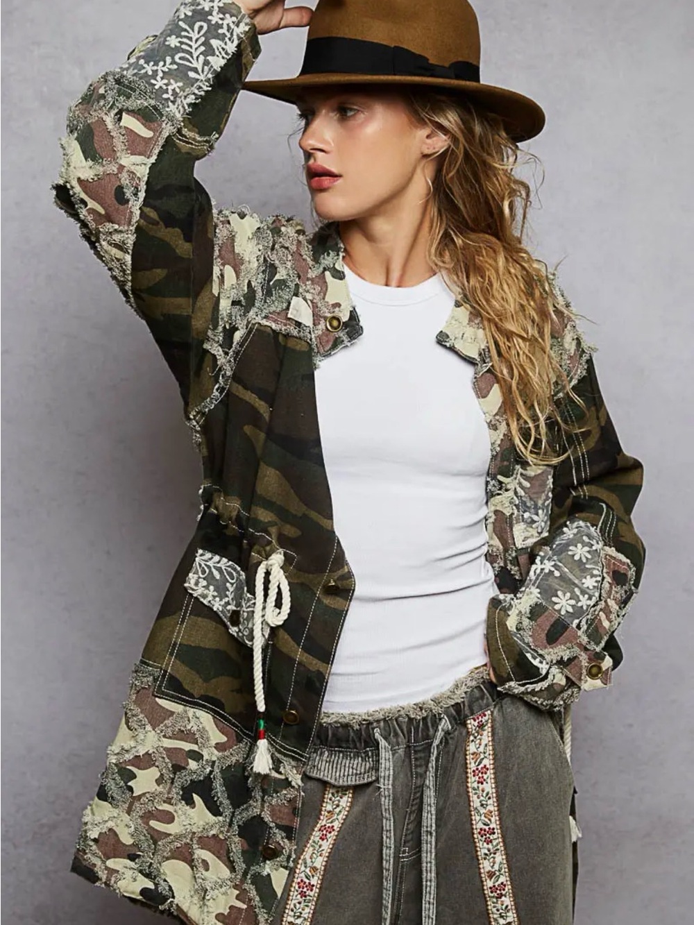POL WYT84 Camo Patchwork Lace Distressed Boho Parka Shacket Jacket M -NWOT